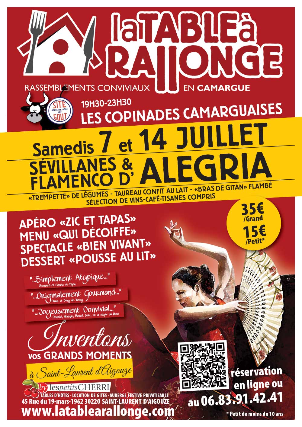 Diner spectacle des 7 et A4 juillet à LA TABLE A RALLONGE EN CAMARGUE. Soirée sévillanes et Flamenco, musiques gitanes, soirée dansante